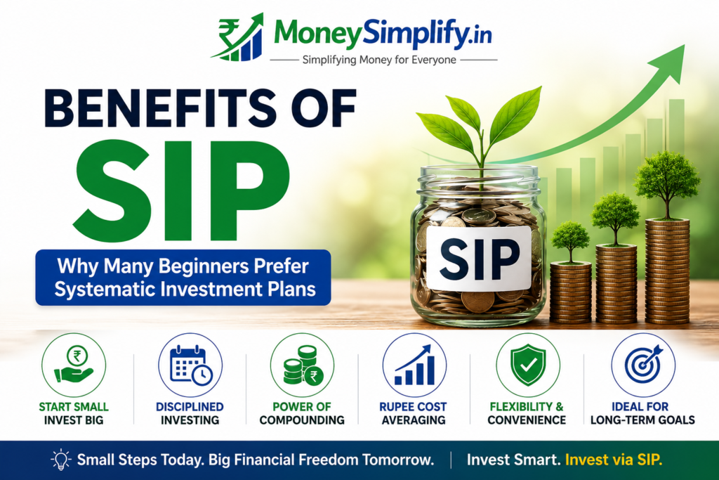 Benefits of SIP infographic showing wealth growth, compounding, disciplined investing, and long-term financial planning for beginners.