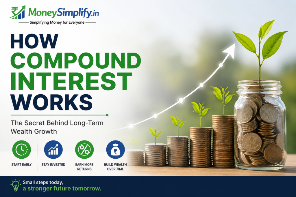 Compound interest infographic showing long-term wealth growth through investing, compounding returns, and financial growth over time.