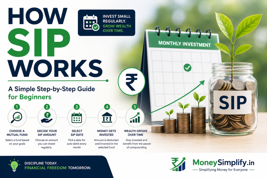 Infographic explaining how SIP works with monthly investment process, mutual fund investing steps, rupee symbol, and long-term wealth growth illustration.
