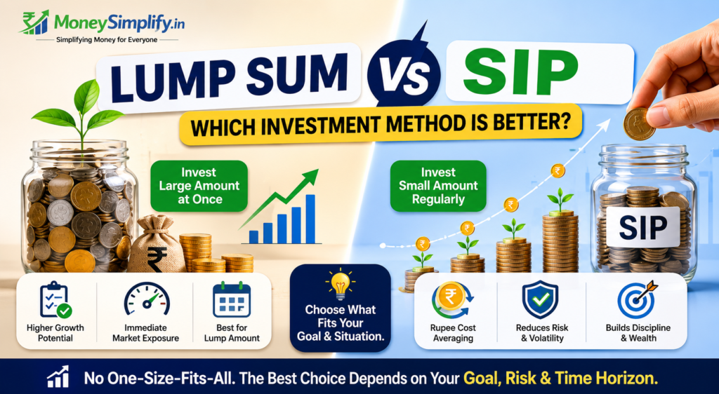 Lump Sum vs SIP infographic comparing investment methods, wealth growth strategies, and beginner investing concepts.