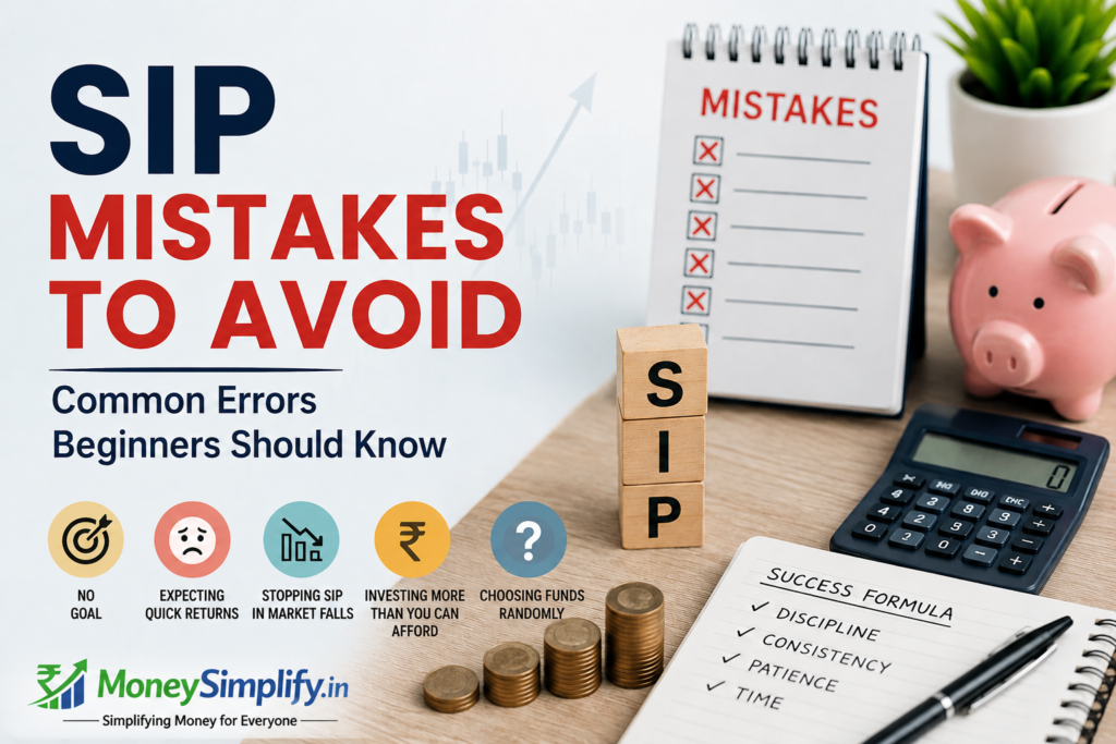 SIP mistakes infographic showing common investing errors beginners should avoid while investing in mutual funds through SIP.