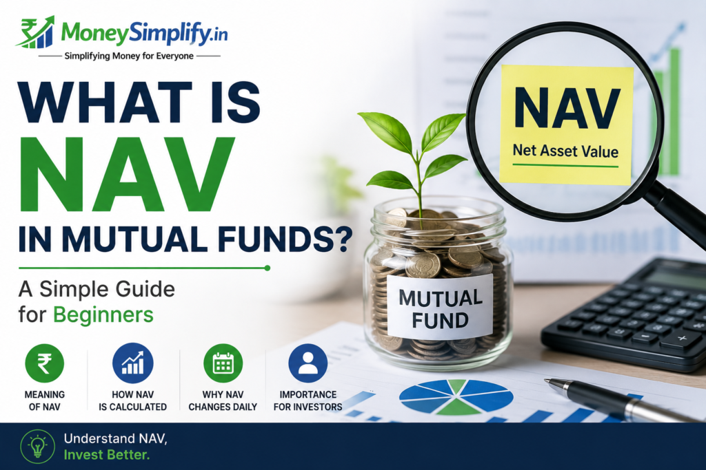 NAV in mutual funds infographic explaining net asset value, mutual fund pricing, and beginner investing concepts.