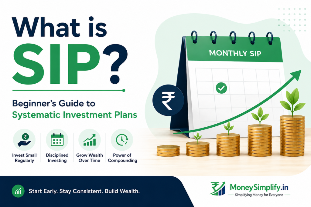 Illustration explaining SIP (Systematic Investment Plan) with monthly investment calendar, growing coin stacks, rupee symbol, and wealth growth concept for beginner investors.