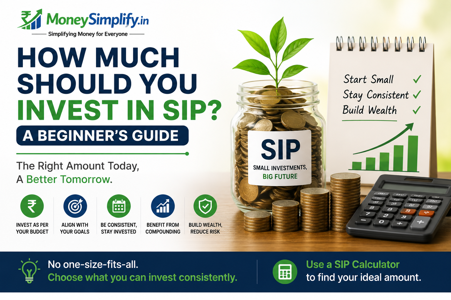 How much should you invest in SIP infographic showing beginner investment planning, SIP amounts, and long-term wealth creation.