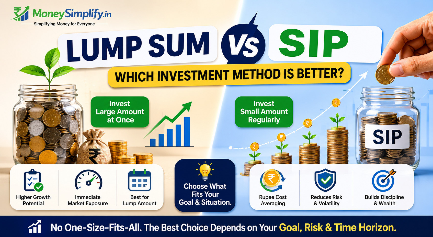 Lump Sum vs SIP infographic comparing investment methods, wealth growth strategies, and beginner investing concepts.