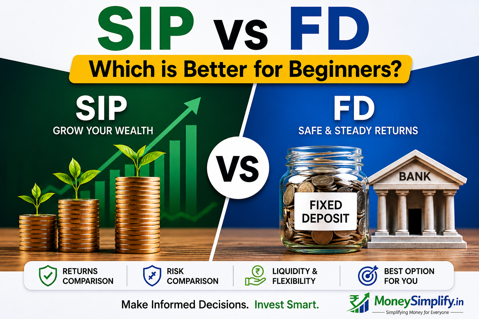 SIP vs FD comparison infographic showing wealth growth through SIP and safe fixed returns through FD for beginner investors.