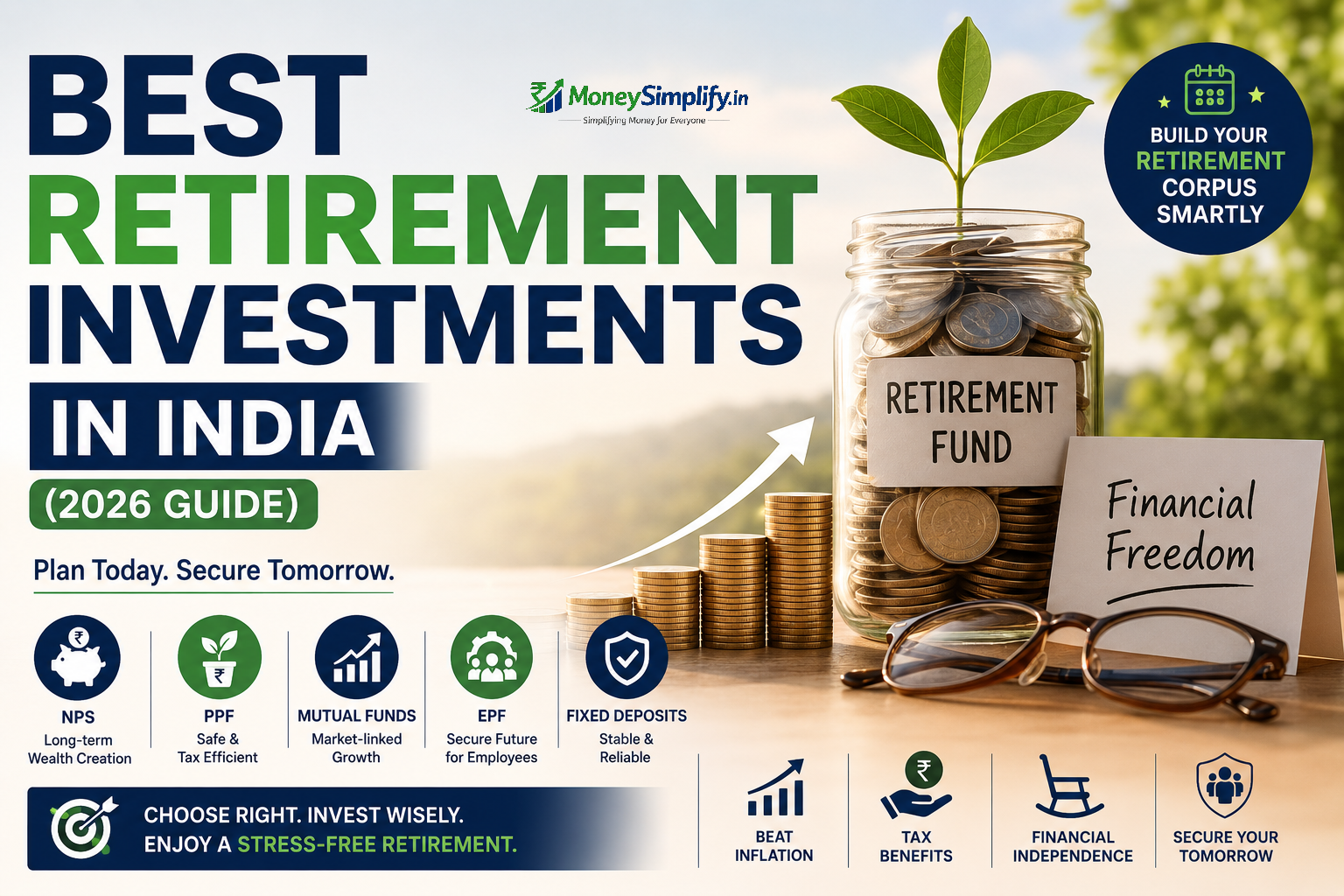 Best Retirement Investments in India infographic comparing NPS, PPF, mutual funds, EPF, and fixed deposits for long-term retirement planning and financial independence.