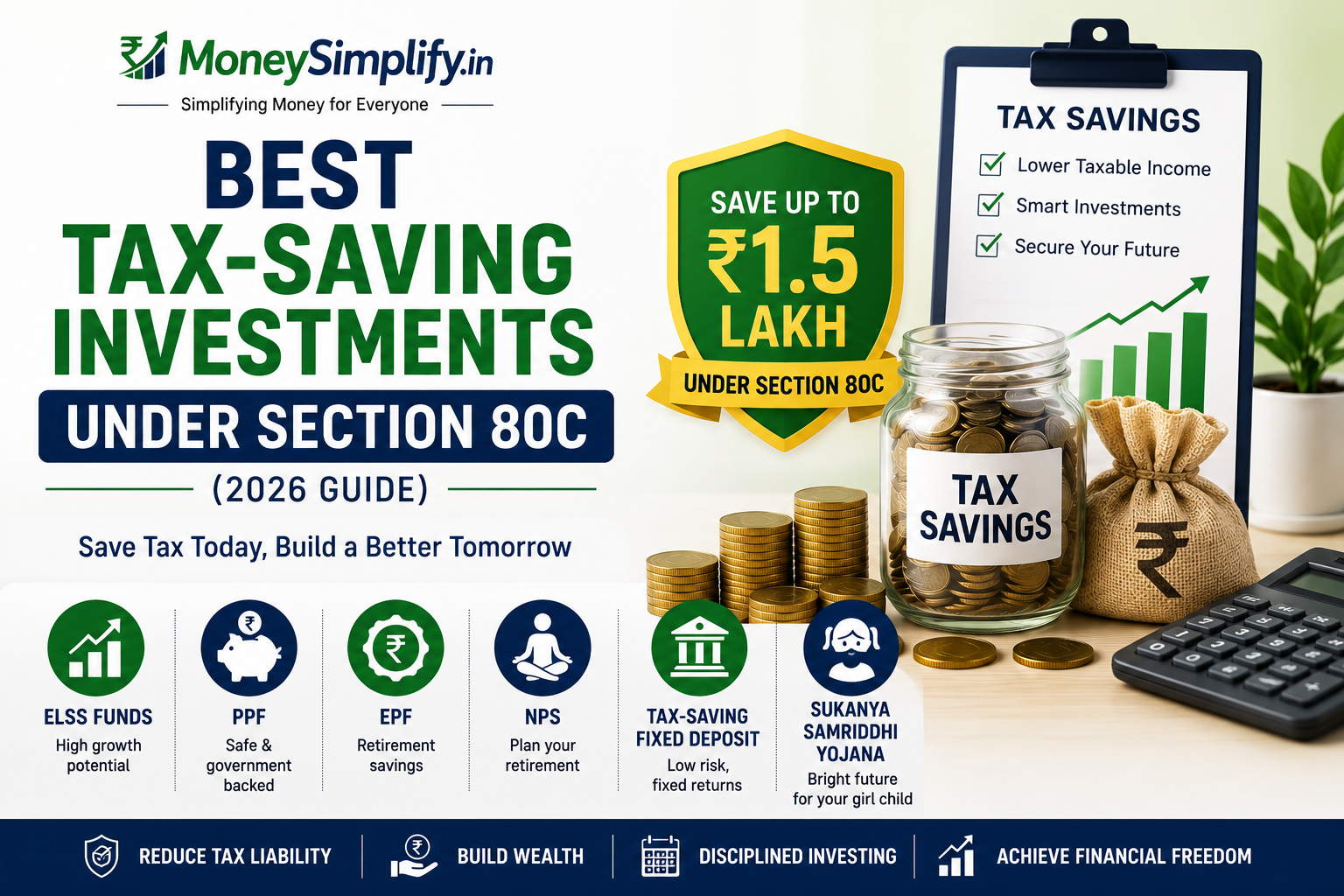 Best tax-saving investments under Section 80C infographic showing ELSS Funds, PPF, EPF, NPS, Tax-Saving Fixed Deposits, and Sukanya Samriddhi Yojana with ₹1.5 lakh tax deduction benefits.