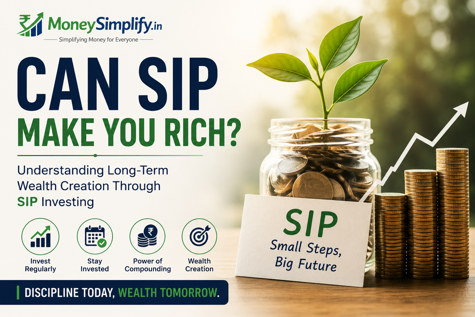 Featured image showing SIP investing, long-term wealth creation, growing money plant, coins, and investment growth for beginners.