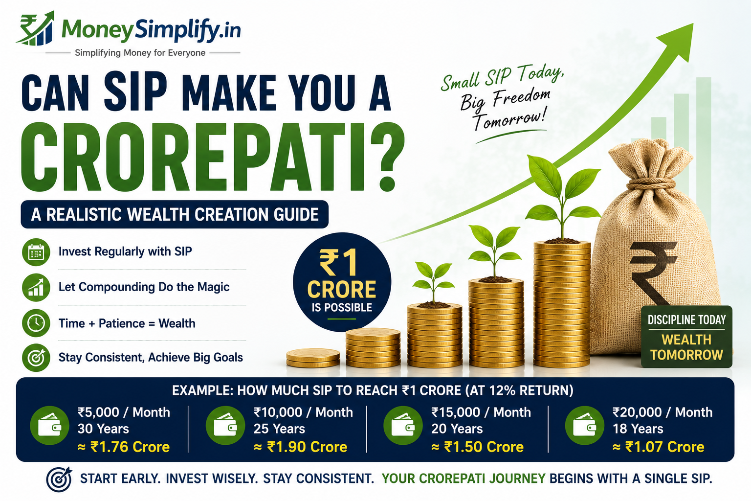 Featured image showing how disciplined SIP investing and the power of compounding can potentially help investors build a ₹1 crore corpus through long-term wealth creation strategies.