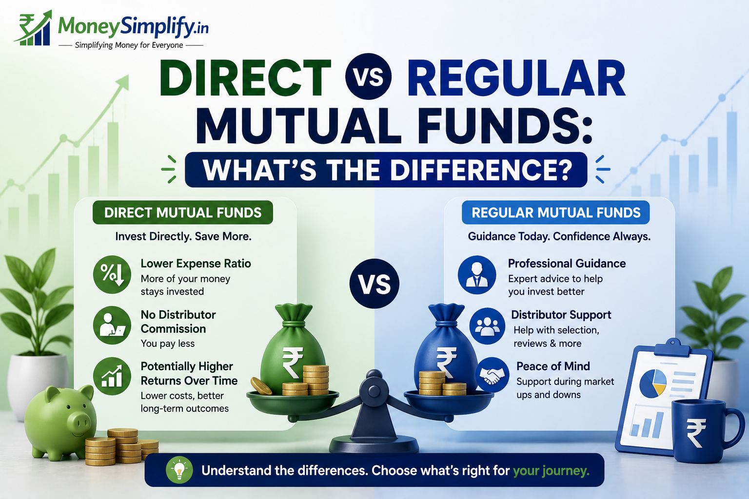 Featured image for Direct vs Regular Mutual Funds: What's the Difference? showing the official MoneySimplify.in logo and a side-by-side comparison of Direct Mutual Funds and Regular Mutual Funds, highlighting expense ratios, distributor involvement, professional guidance, and long-term investment considerations for beginner investors.
