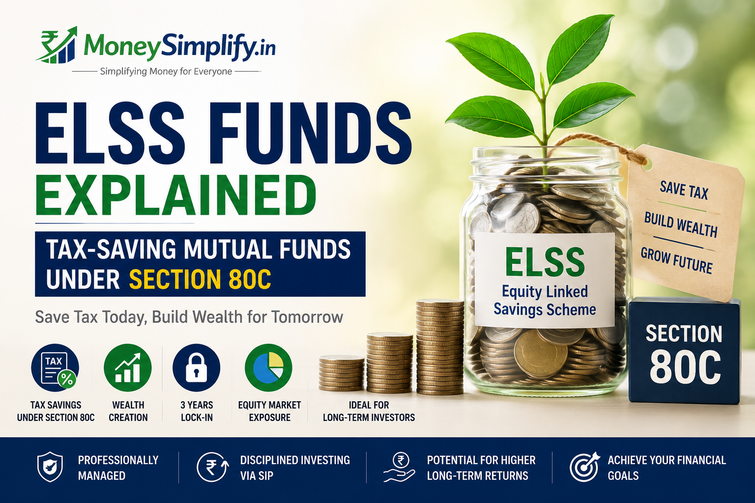 ELSS Funds Explained featured image showing tax-saving mutual funds under Section 80C with wealth creation, tax benefits, 3-year lock-in period, and equity market exposure.