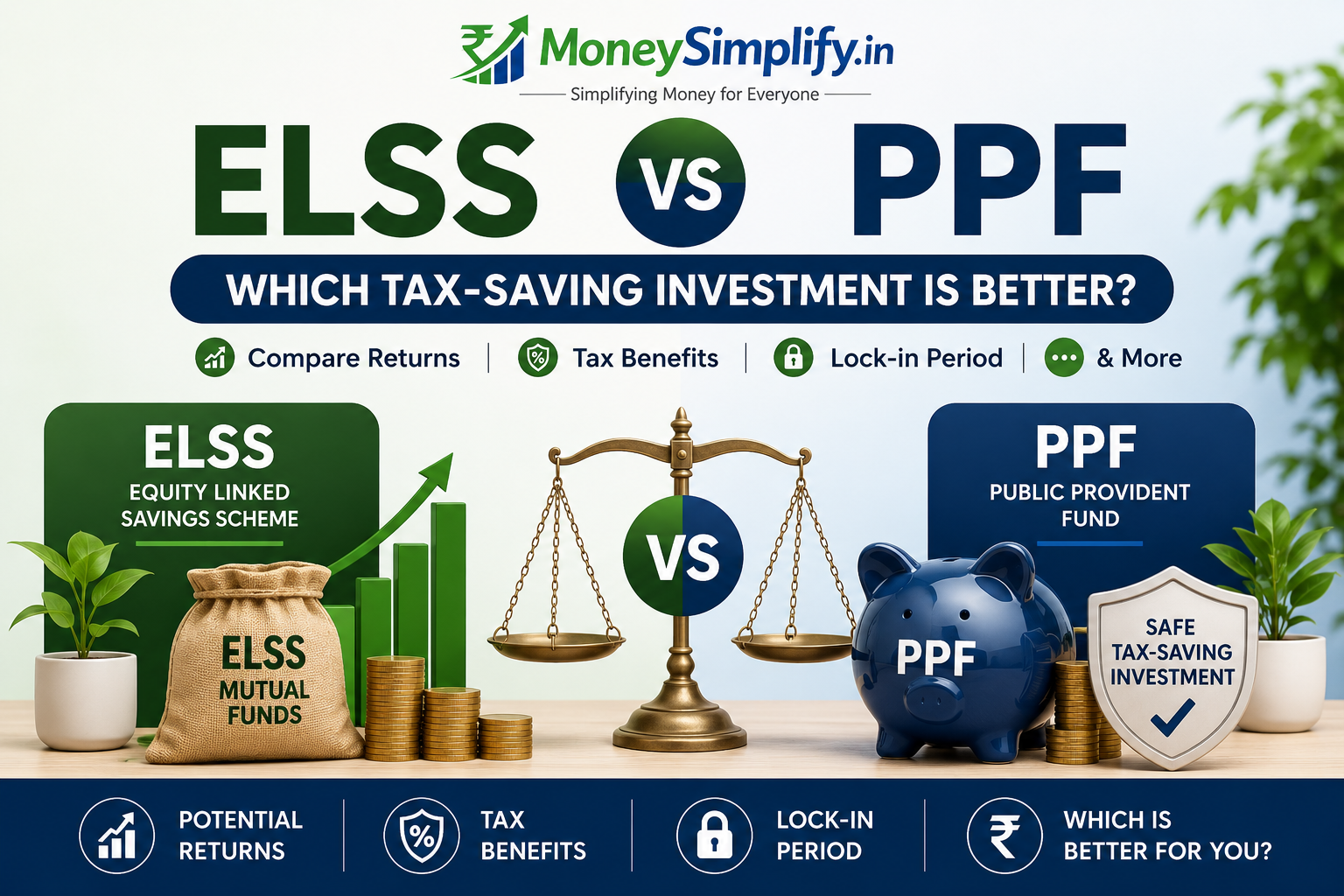 Featured image comparing ELSS vs PPF tax-saving investments in India, highlighting differences in returns, lock-in period, risk level, and tax benefits, along with the MoneySimplify.in logo.