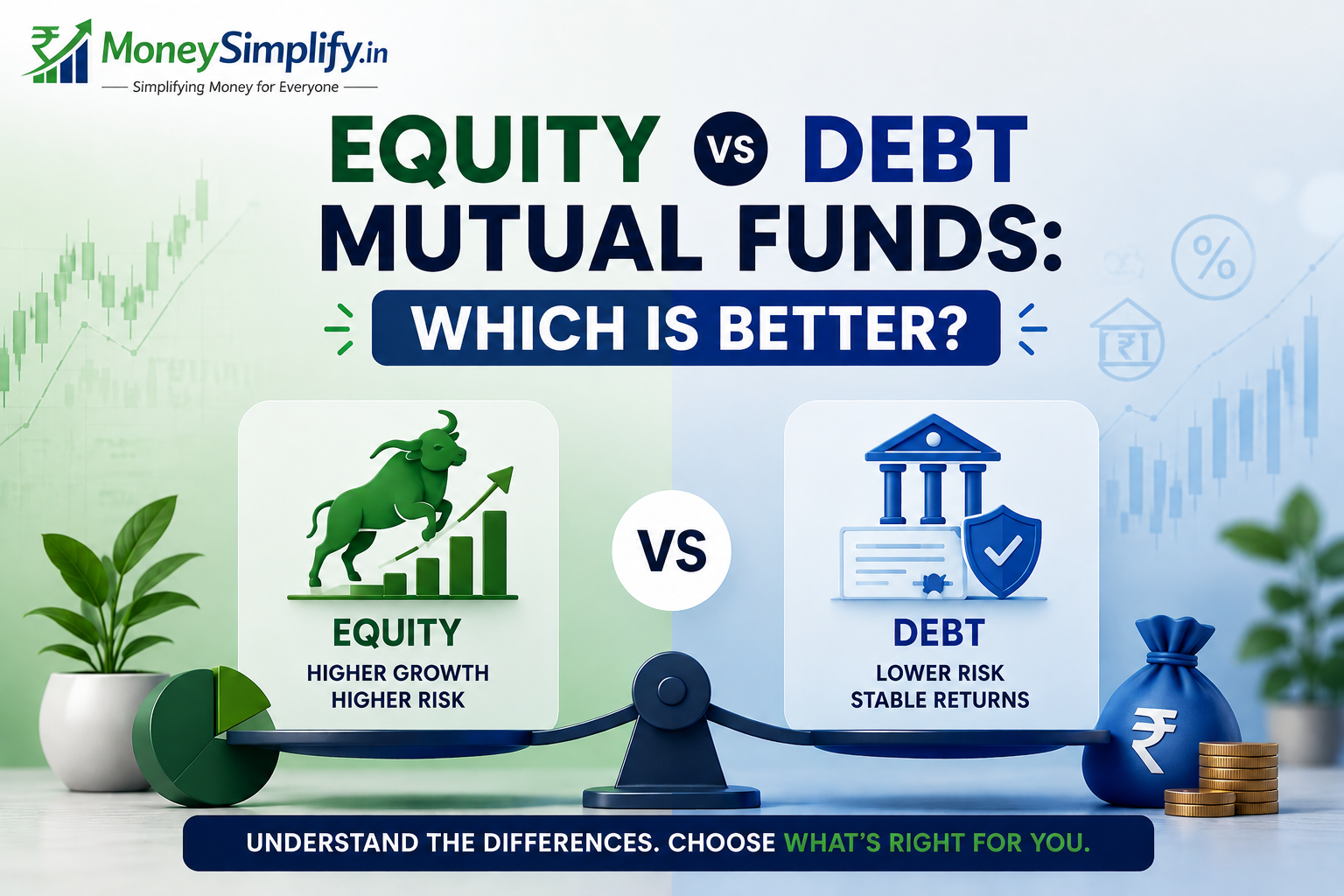 Featured image for Equity vs Debt Mutual Funds: Which Is Better? showing the official MoneySimplify.in logo and a visual comparison between Equity Mutual Funds and Debt Mutual Funds, highlighting higher growth and risk in equity funds versus lower risk and stable returns in debt funds to help beginners choose suitable investment options.