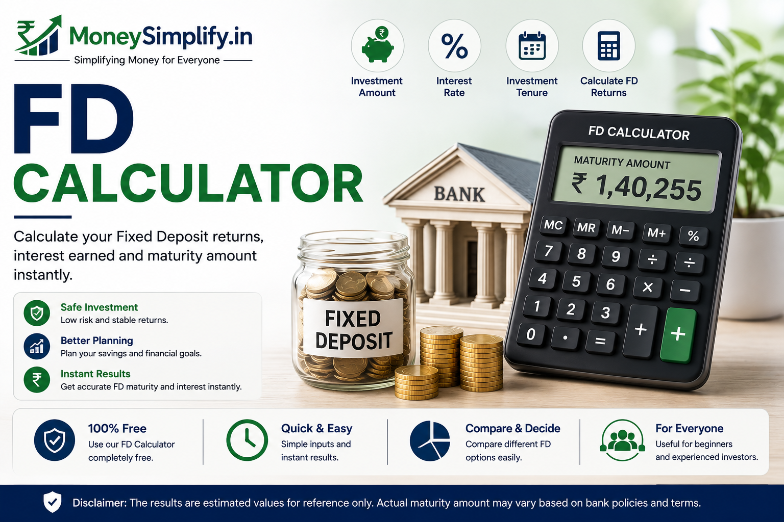 FD Calculator featured image showing fixed deposit investment growth, calculator, bank savings, coins, and maturity amount estimation.