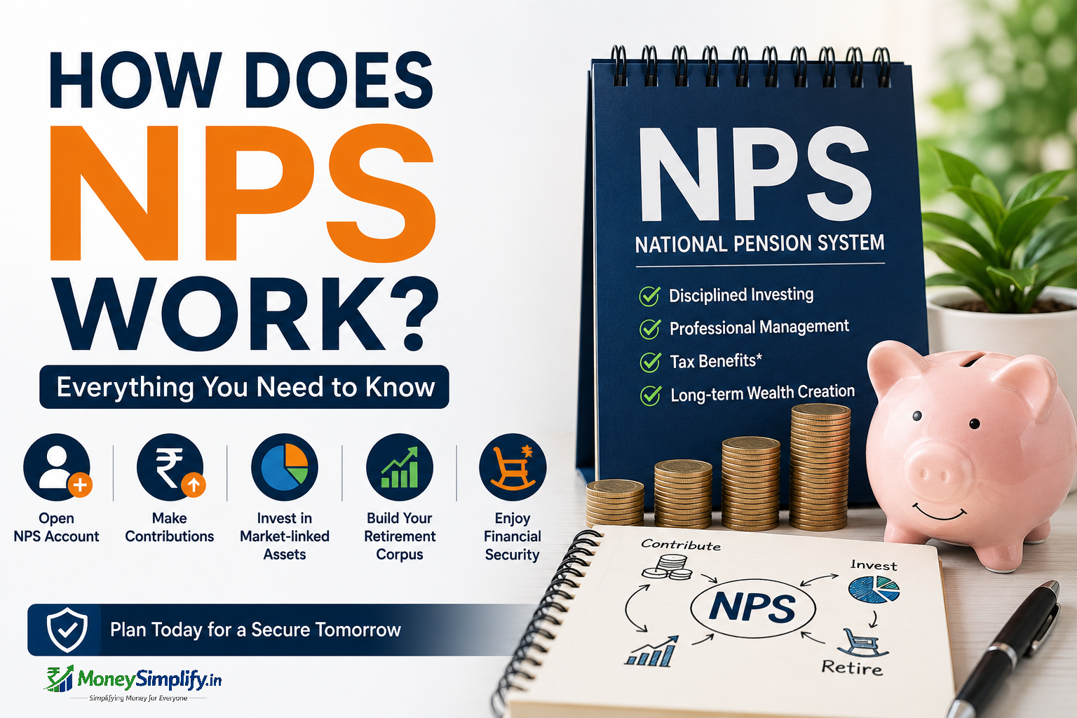 How Does NPS Work? infographic explaining the National Pension System, contributions, market-linked investments, retirement corpus, tax benefits, and long-term retirement planning in India.