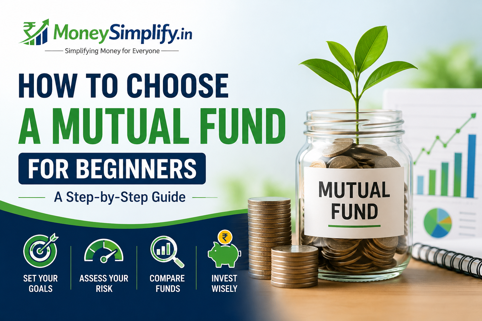 Featured image for 'How to Choose a Mutual Fund for Beginners: A Step-by-Step Guide' showing a jar filled with coins labeled 'Mutual Fund,' a growing plant symbolizing wealth creation, financial charts, and the MoneySimplify.in logo, representing beginner-friendly mutual fund investing strategies.