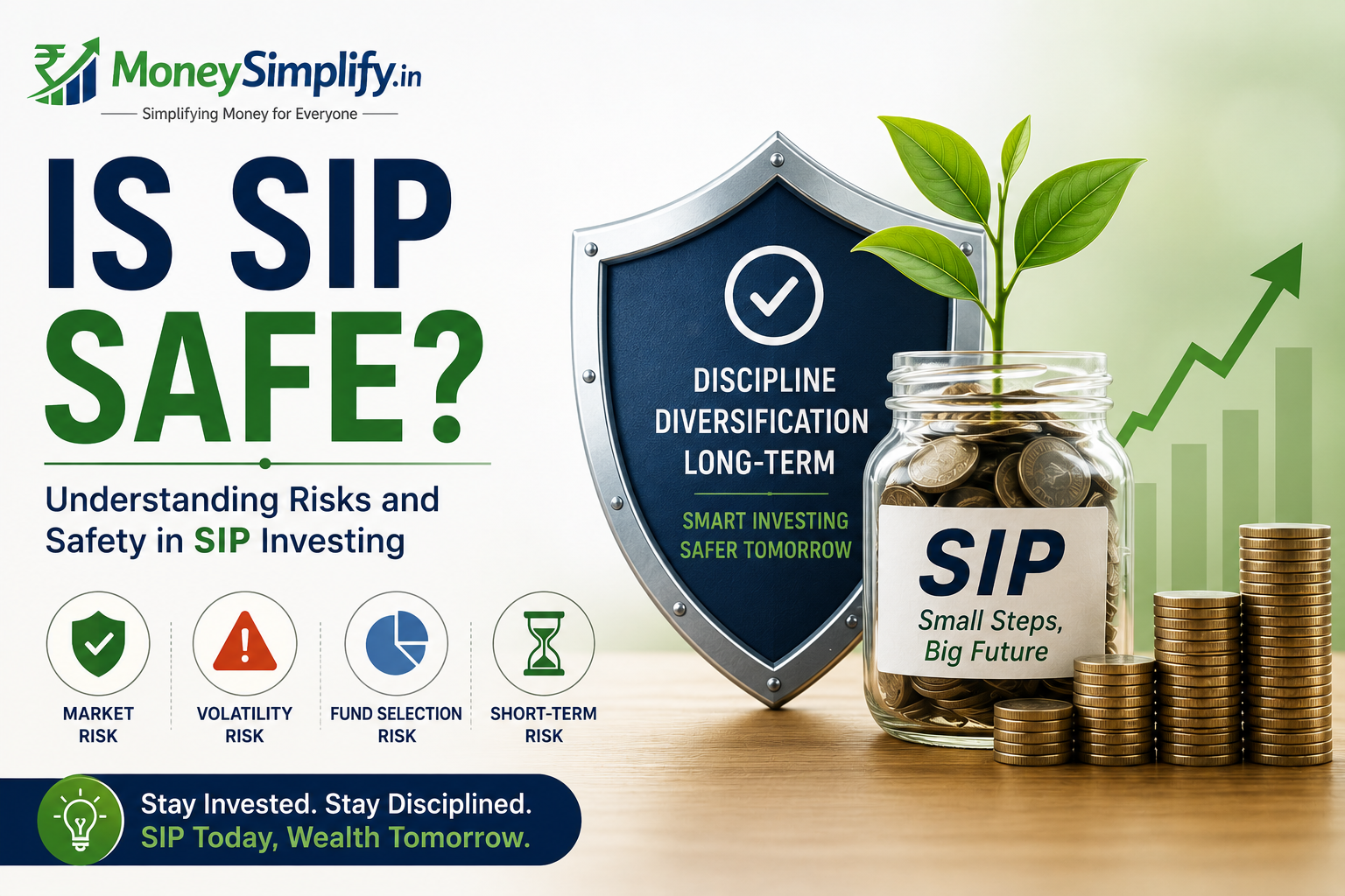 Featured image showing SIP investment safety, market risks, disciplined investing, protection shield, growing plant, and long-term wealth creation.