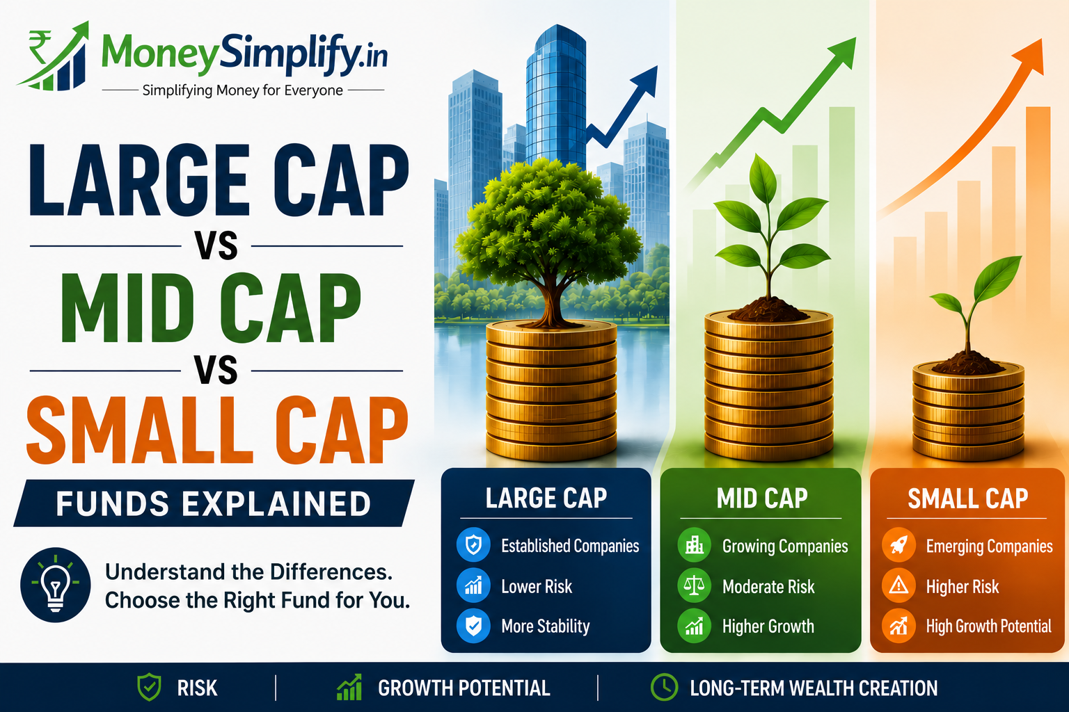 Featured image for Large Cap vs Mid Cap vs Small Cap Funds Explained showing the official MoneySimplify.in logo and a visual comparison of Large Cap, Mid Cap, and Small Cap mutual funds, highlighting differences in company size, risk levels, stability, growth potential, and long-term wealth creation opportunities.