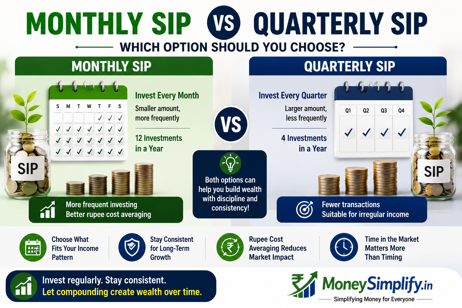 Featured image comparing Monthly SIP and Quarterly SIP, showing investment frequency differences, rupee cost averaging benefits, and suitability based on income patterns.