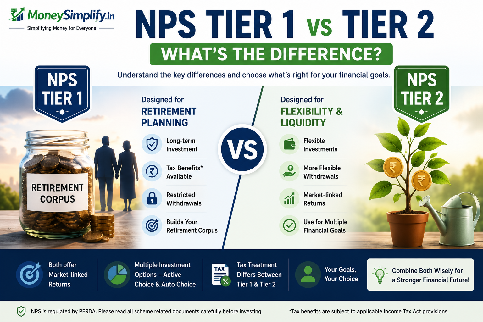 NPS Tier 1 vs Tier 2 comparison infographic explaining the differences in retirement planning, tax benefits, withdrawal rules, flexibility, and investment options under the National Pension System.