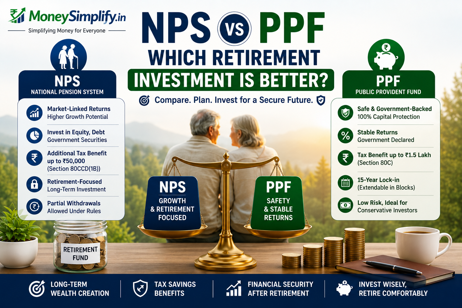 NPS vs PPF comparison infographic showing retirement investment options, tax benefits, risk levels, returns, and key differences between the National Pension System and Public Provident Fund.