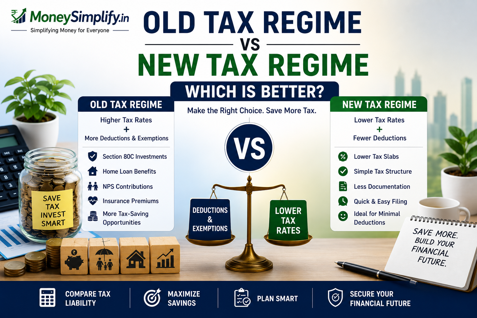Old Tax Regime vs New Tax Regime comparison infographic showing tax deductions, exemptions, lower tax rates, Section 80C benefits, and guidance on choosing the best tax regime in India.