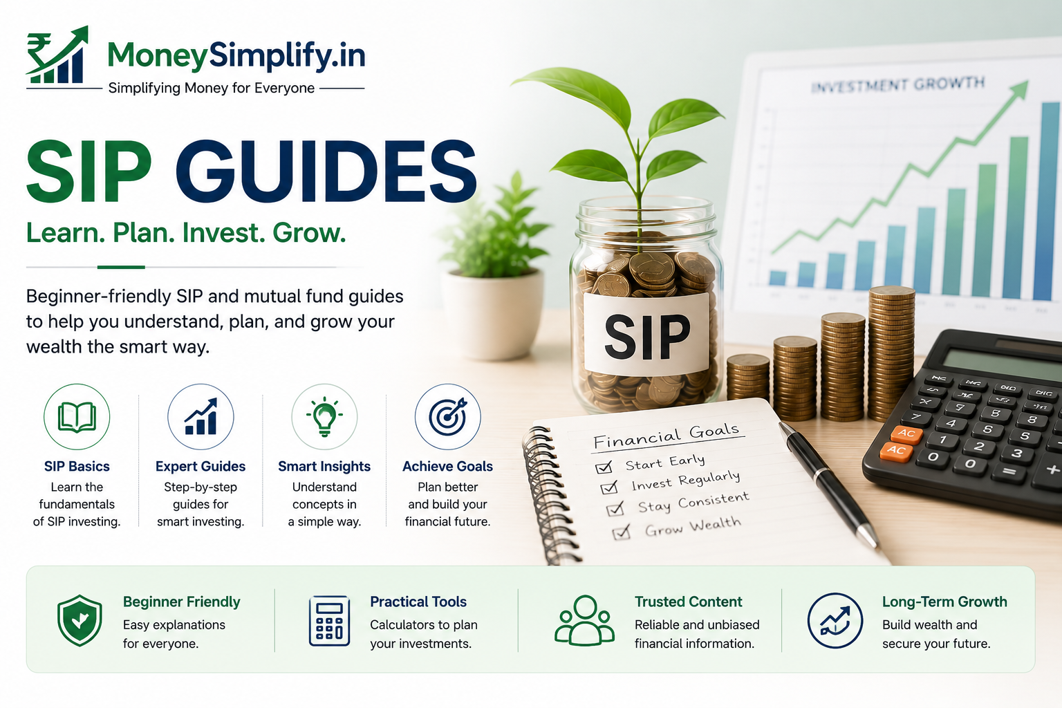 SIP Guides featured image showing SIP investing, mutual fund growth, calculator, coins, and beginner financial learning concepts.