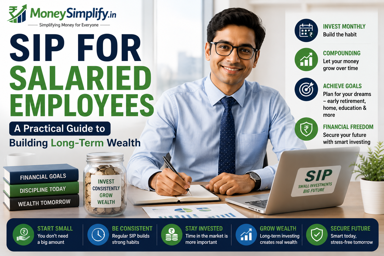 Featured image showing a salaried employee planning SIP investments, wealth creation, financial goals, and long-term financial growth.