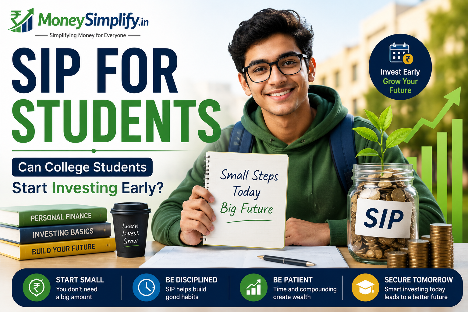 Featured image showing a college student learning SIP investing, financial planning, wealth creation, and long-term investment growth.