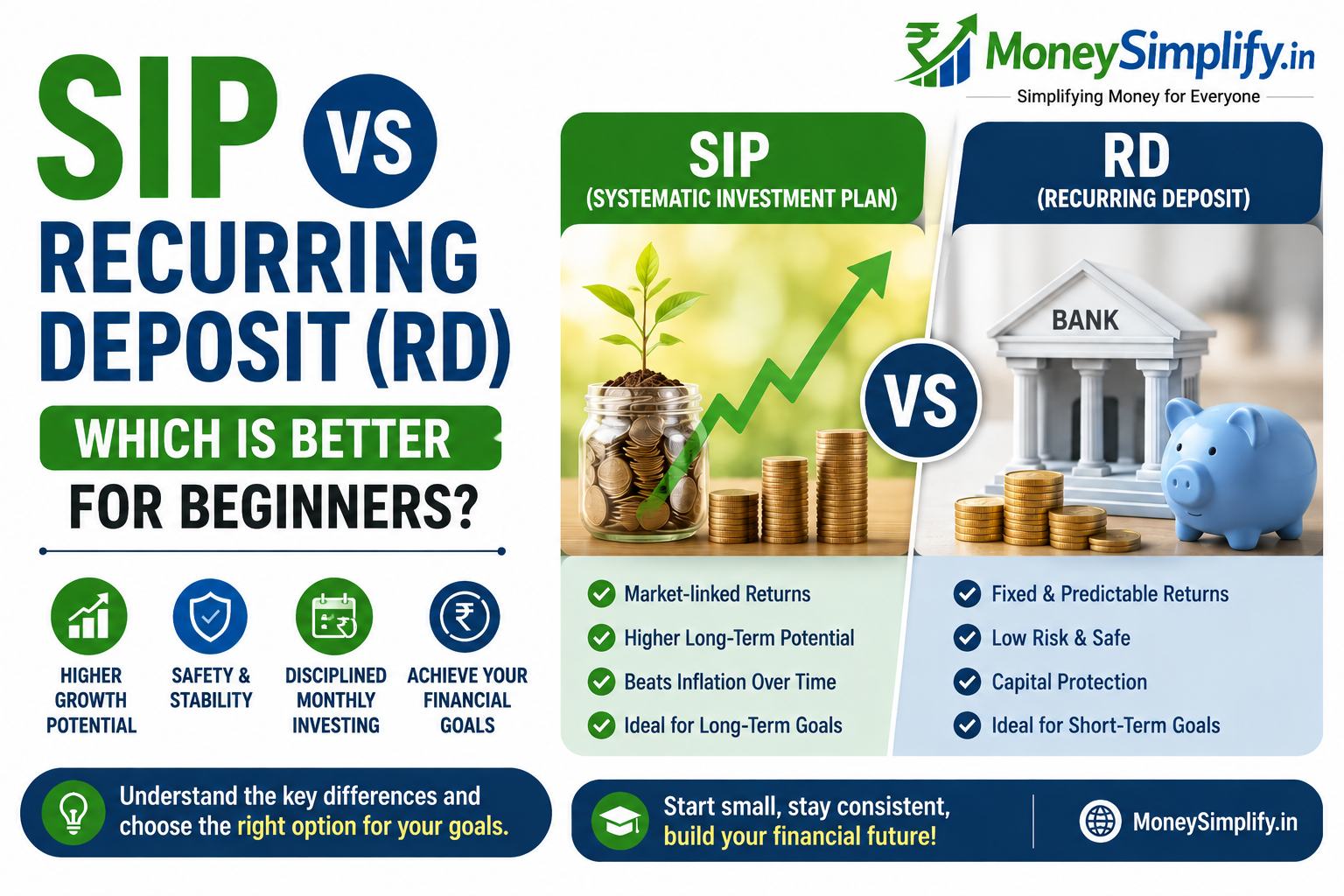Featured image comparing SIP and Recurring Deposit (RD), highlighting differences in returns, risk, inflation protection, and suitability for beginner investors.