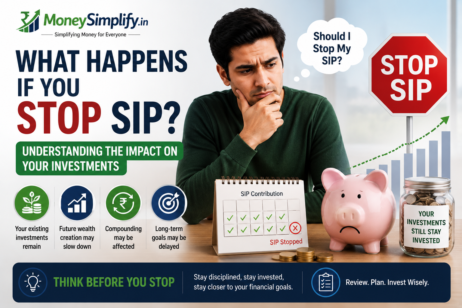 Featured image showing an investor considering stopping SIP, investment growth impact, compounding effects, and long-term financial planning.