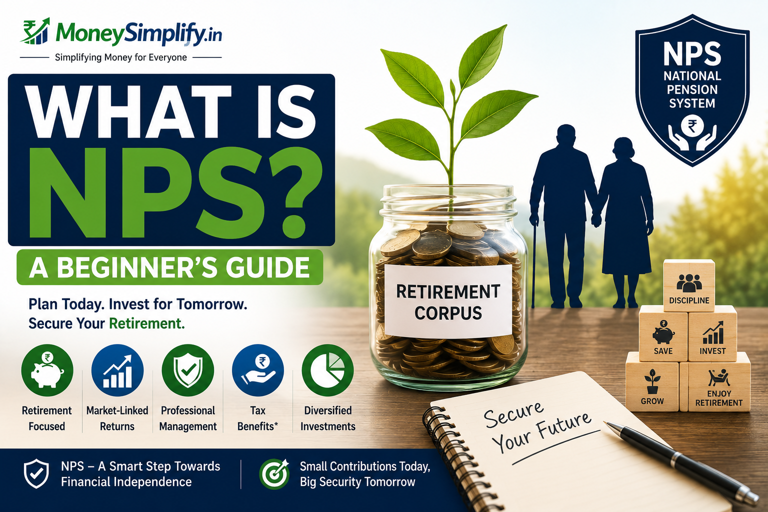What Is NPS? A Beginner's Guide infographic explaining the National Pension System, retirement planning, tax benefits, market-linked returns, and long-term wealth creation in India.