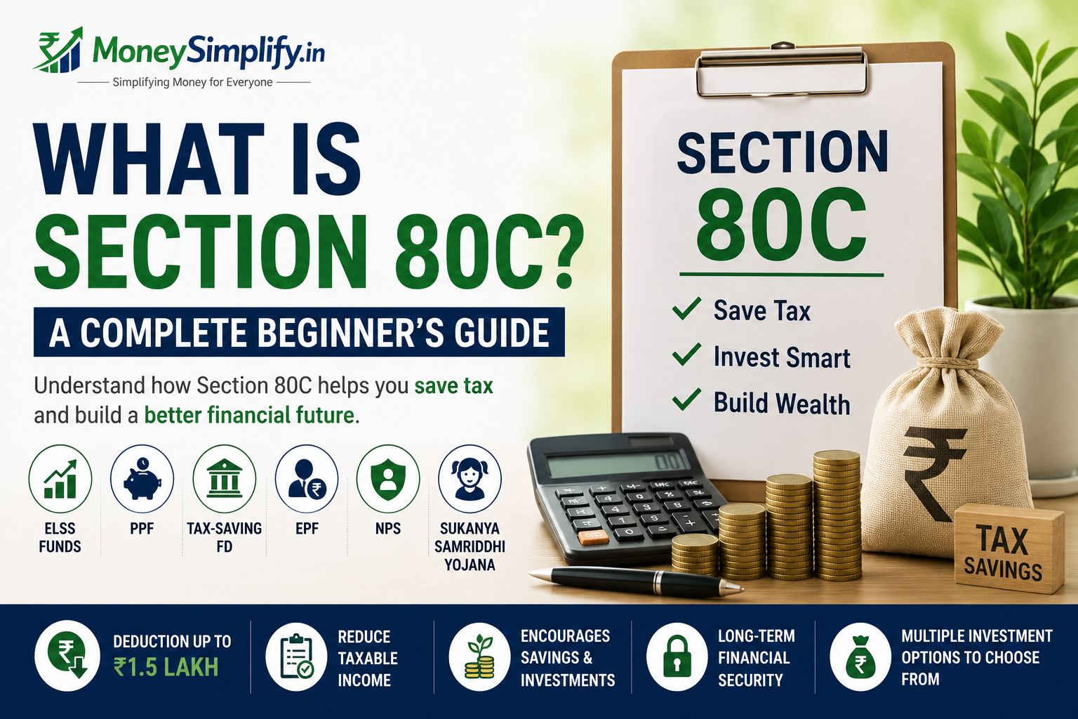 What Is Section 80C featured image showing tax-saving investments including ELSS, PPF, EPF, NPS, tax-saving fixed deposits, and Section 80C deductions up to ₹1.5 lakh.